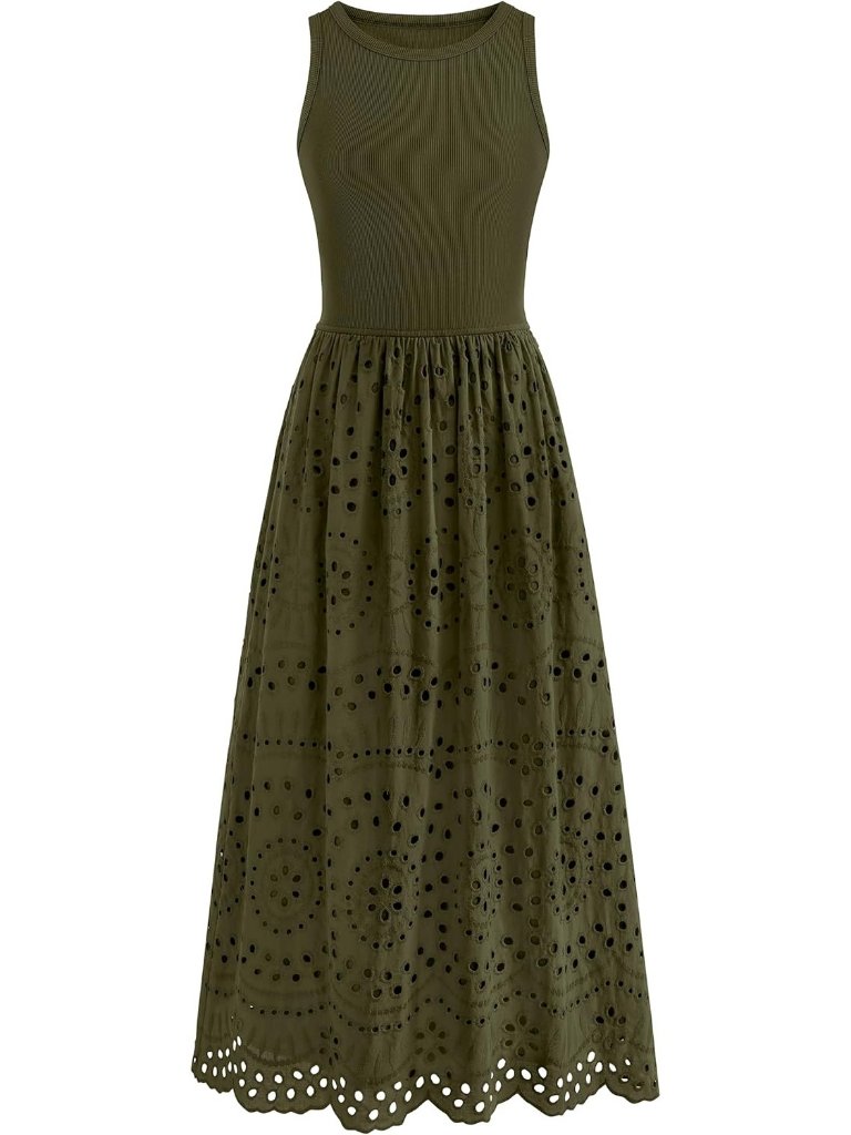 Women's Dress Maxi Army Green Crew Neck Short Sleeveles Pockets A Line Summer